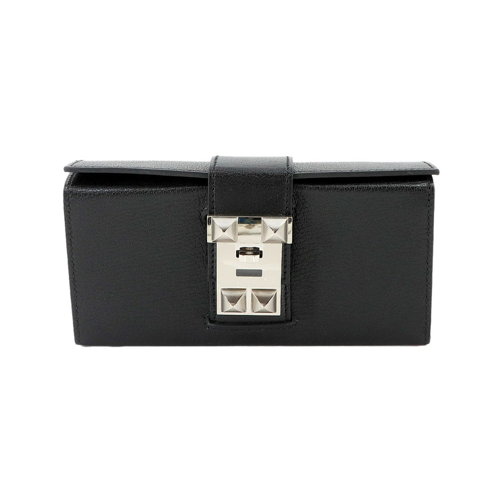 Hermes Neo Medor Clutch Handbag, Chevre Siamese Leather, Black, K Stamp, Silv...